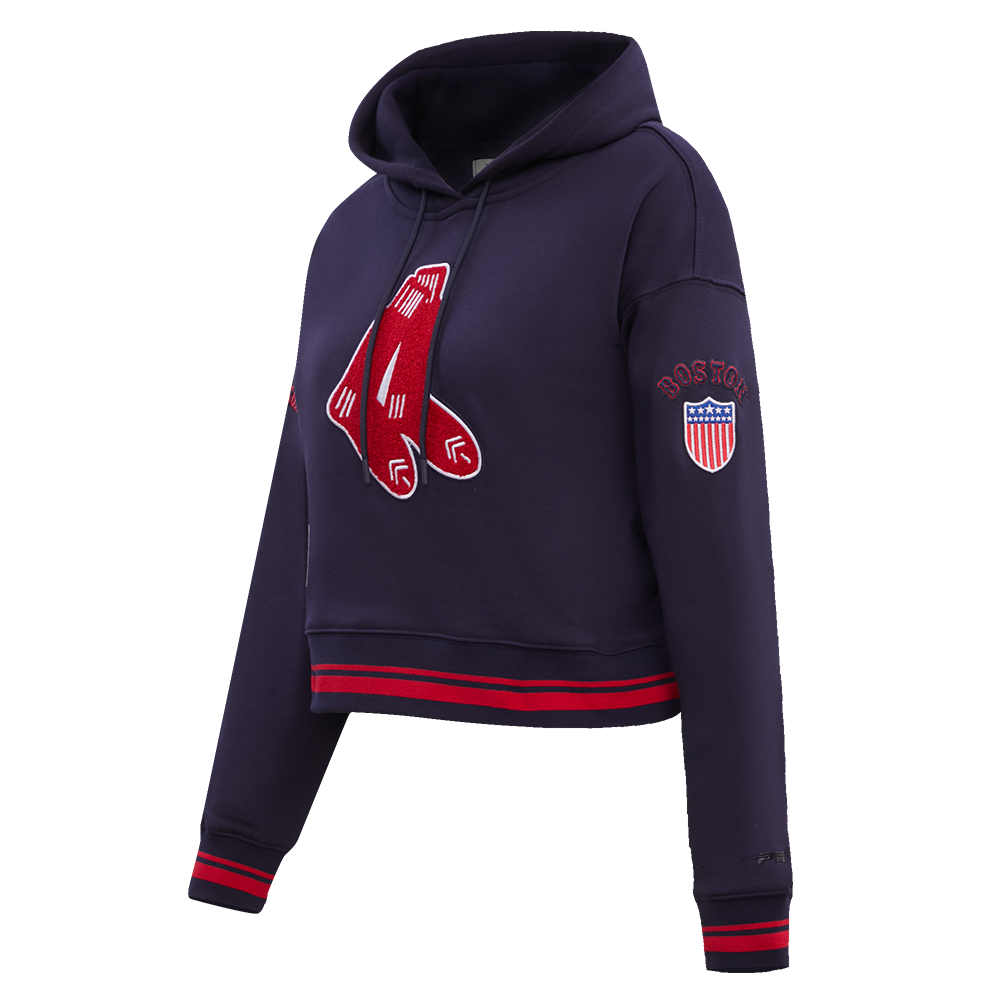 MLB BOSTON RED SOX RETRO CLASSIC WOMEN'S RIB CROPPED PULLOVER HOODIE (MIDNIGHT NAVY/RED/MIDNIGHT NAVY)