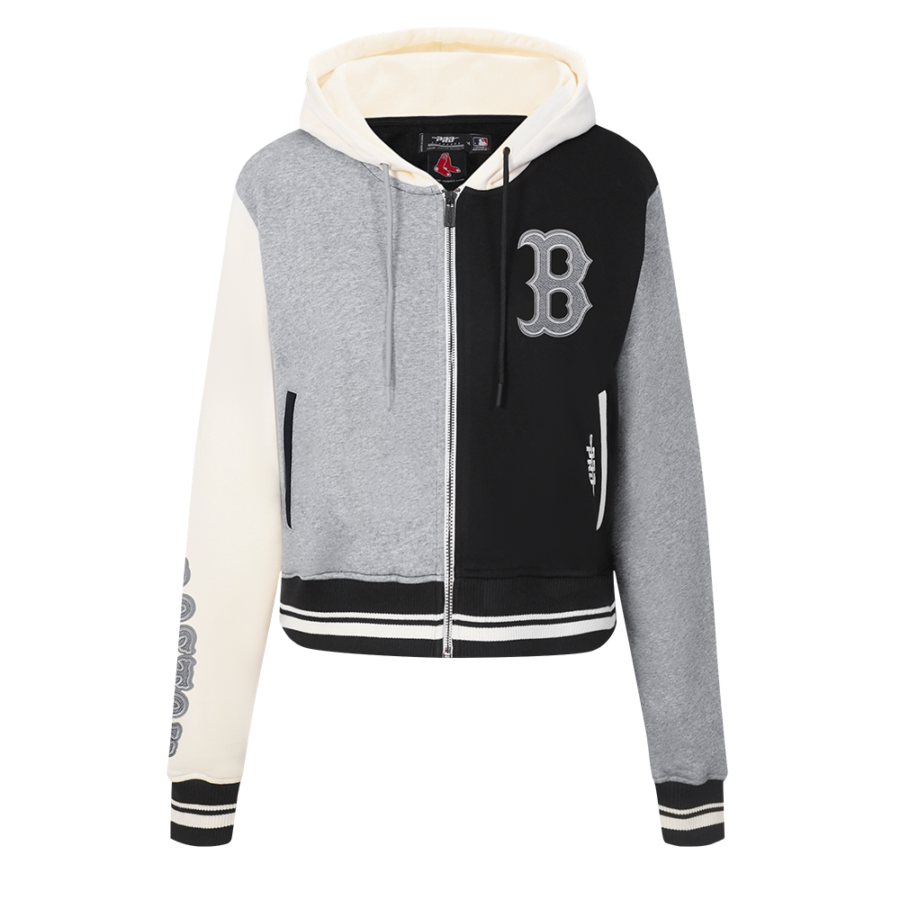 MLB BOSTON RED SOX REVERSE FRENCH TERRY WOMEN'S CROPPED FULL ZIP HOODIE (BLACK/GRAY/EGGSHELL)