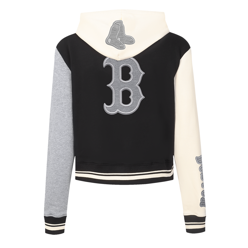 MLB BOSTON RED SOX REVERSE FRENCH TERRY WOMEN'S CROPPED FULL ZIP HOODIE (BLACK/GRAY/EGGSHELL)