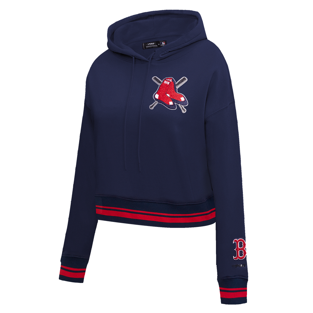 MLB BOSTON RED SOX MASHUP WOMEN'S RIB CROPPED PULLOVER HOODIE (MIDNIGHT NAVY/RED/MIDNIGHT NAVY)