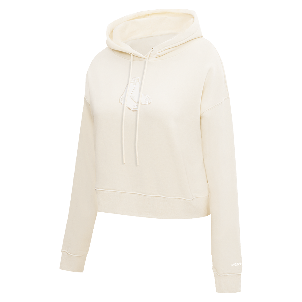 MLB BOSTON RED SOX NEUTRAL WOMEN'S CROPPED PULLOVER HOODIE (EGGSHELL)