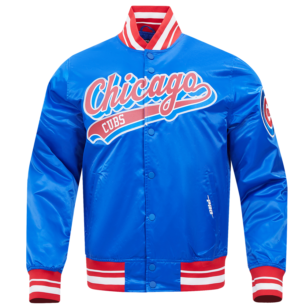 MLB CHICAGO CUBS SCRIPT TAIL MEN'S SATIN JACKET (ROYAL BLUE/RED)