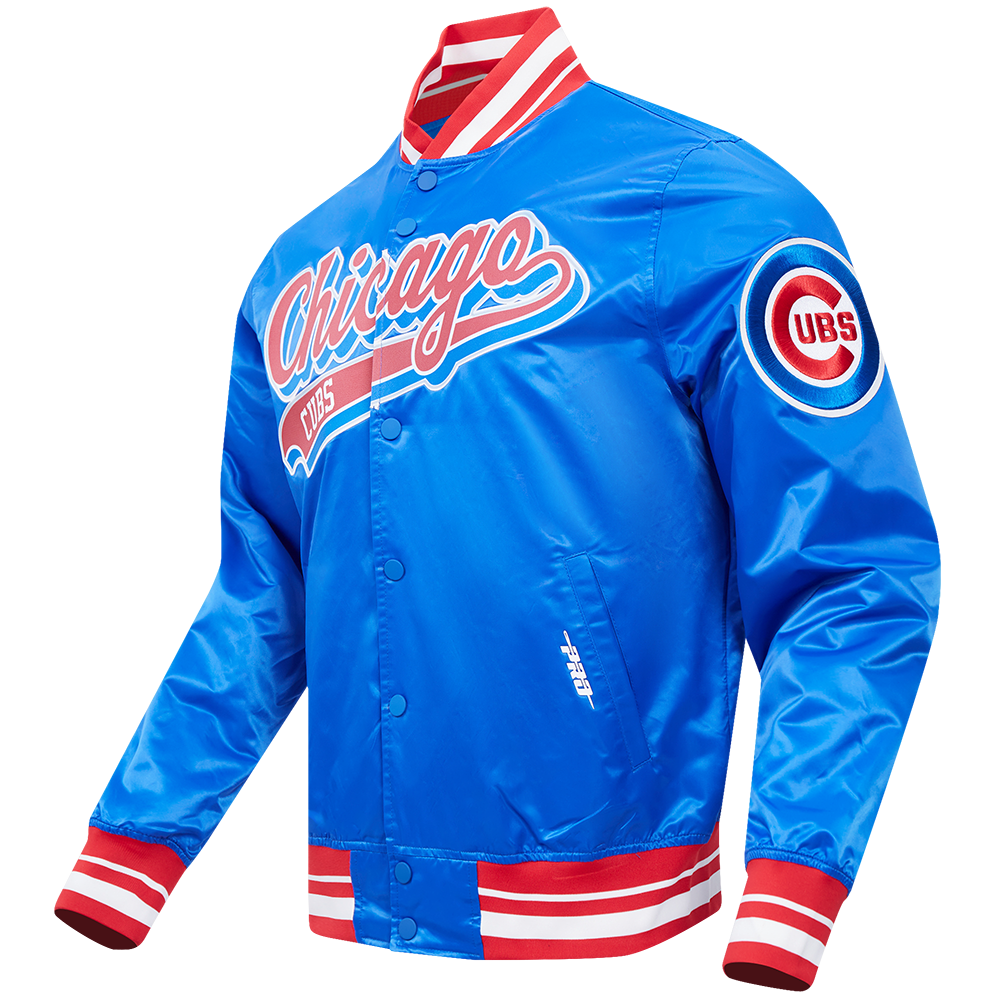 MLB CHICAGO CUBS SCRIPT TAIL MEN'S SATIN JACKET (ROYAL BLUE/RED)