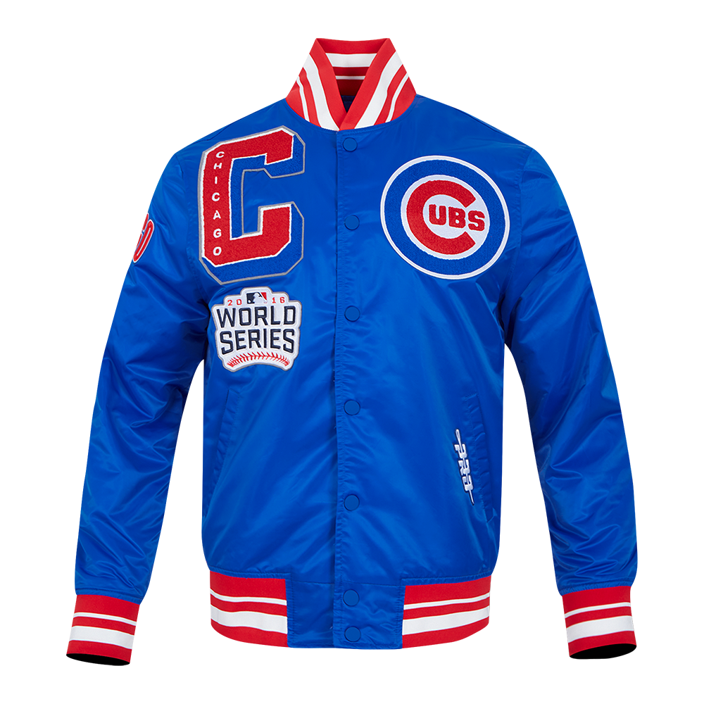 MLB CHICAGO CUBS MASH UP BLOUSON EN SATIN À BORDS CÔTELÉS POUR HOMME (BLEU ROYAL/ROUGE)