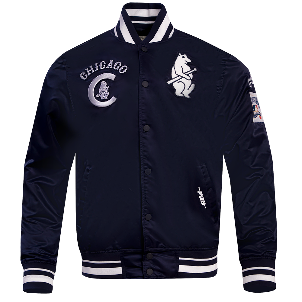 MLB CHICAGO CUBS RETRO CLASSIC BLOUSON EN SATIN À BORDS CÔTELÉS POUR HOMME (MARINE MINUIT)