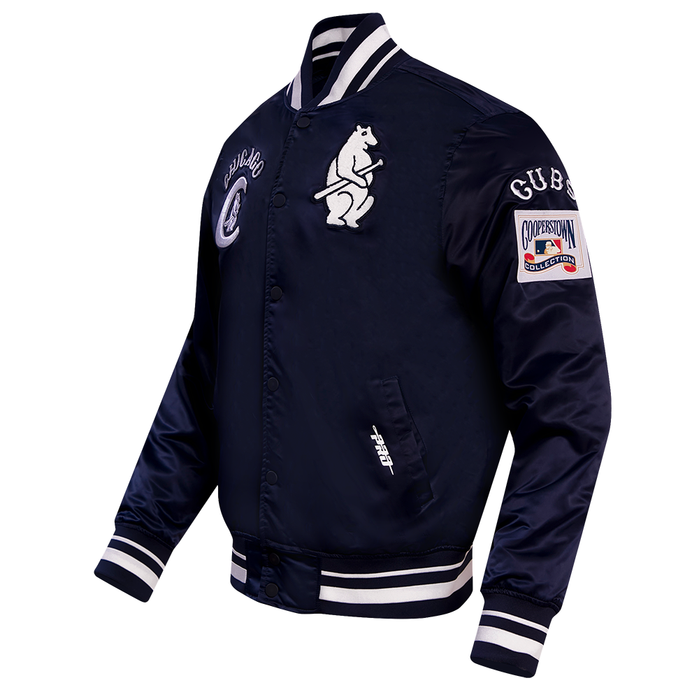 MLB CHICAGO CUBS RETRO CLASSIC BLOUSON EN SATIN À BORDS CÔTELÉS POUR HOMME (MARINE MINUIT)