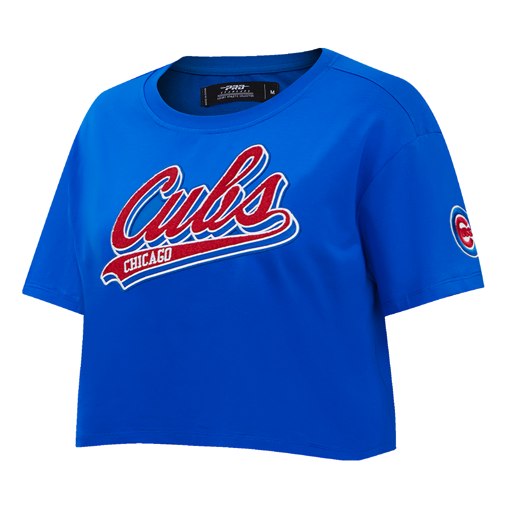 MLB CHICAGO CUBS SCRIPT TAIL HAUT EN JERSEY SIMPLE À COUPE CARRÉE POUR FEMME (BLEU ROYAL)