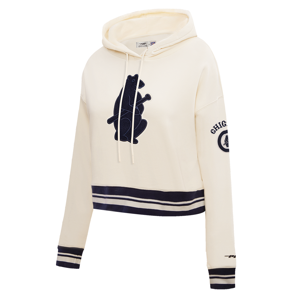 MLB CHICAGO CUBS RETRO CLASSIC WOMEN'S CROPPED PULLOVER HOODIE (EGGSHELL/ MIDNIGHT NAVY)