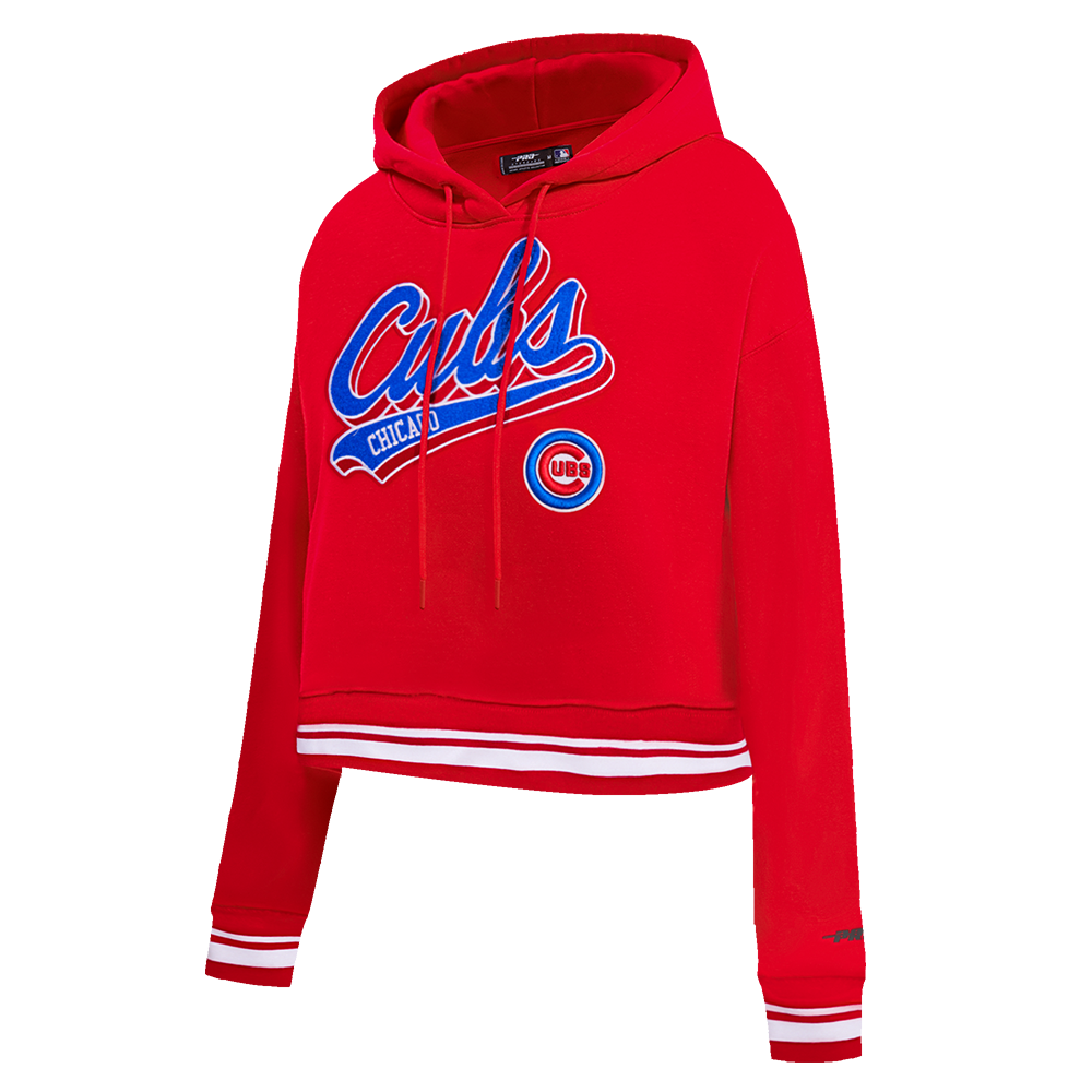 MLB CHICAGO CUBS SCRIPT TAIL WOMEN'S RIB FLEECE CROPPED PULLOVER HOODIE (RED)
