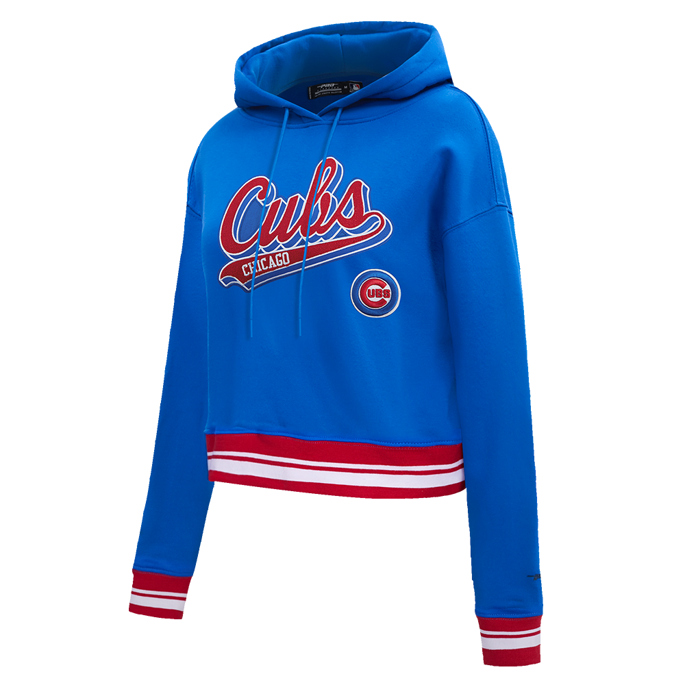 MLB CHICAGO CUBS SCRIPT TAIL WOMEN'S RIB FLEECE CROPPED PULLOVER HOODIE (ROYAL BLUE/RED)