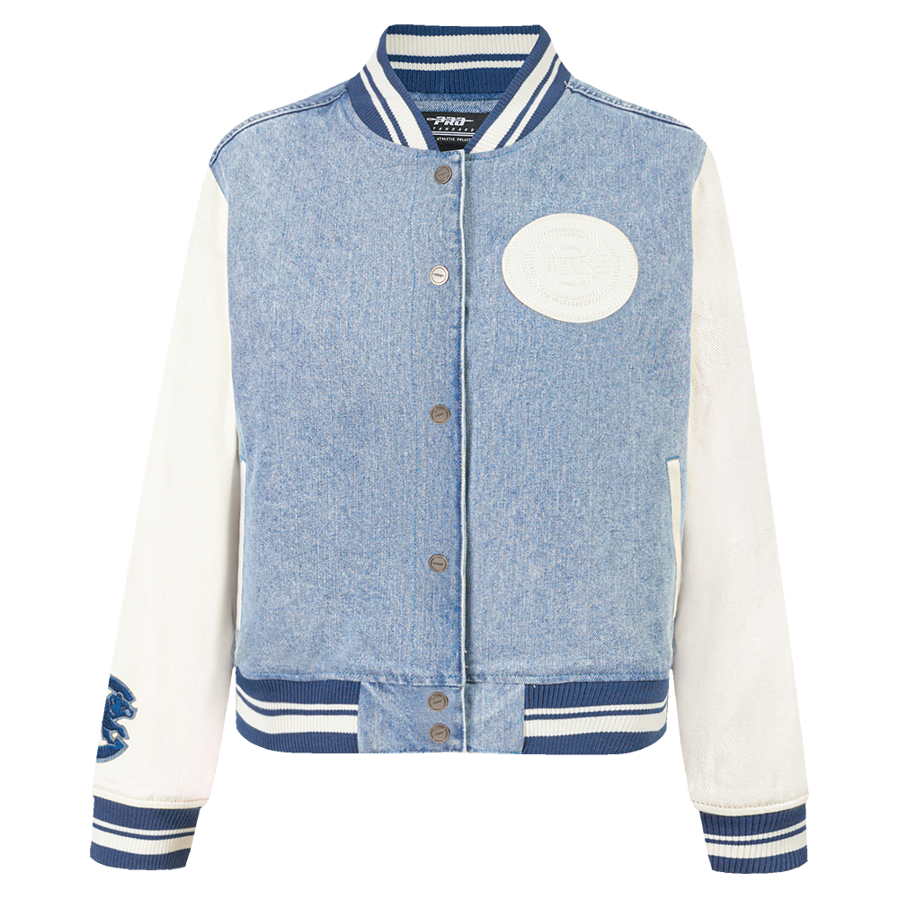 MLB CHICAGO CUBS VARSITY BLUES WOMEN'S DENIM VARSITY JACKET (DENIM/LINEN)