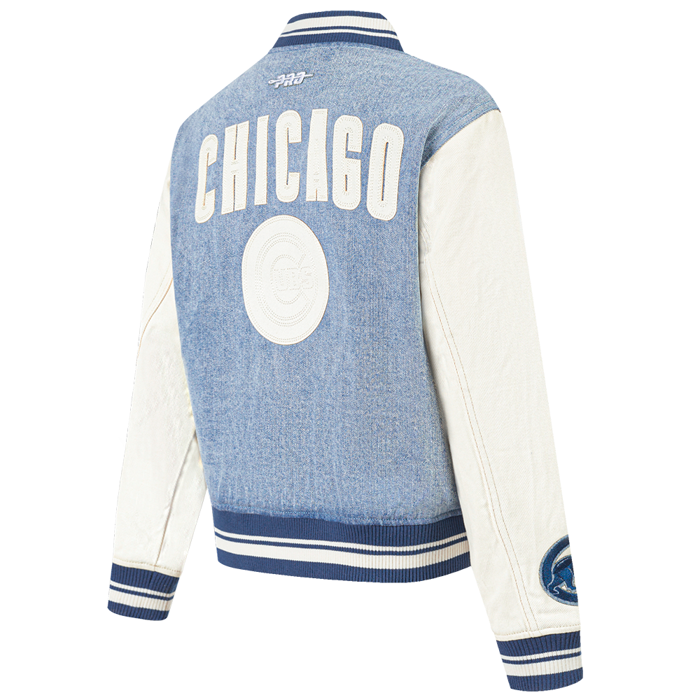 MLB CHICAGO CUBS VARSITY BLUES WOMEN'S DENIM VARSITY JACKET (DENIM/LINEN)
