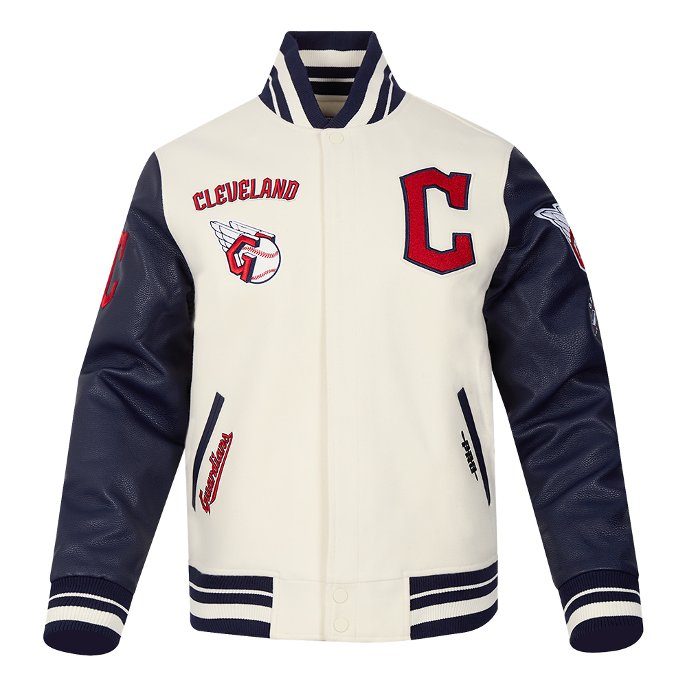 MLB CLEVELAND GUARDIANS RETRO CLASSIC MEN'S RIB WOOL VARSITY JACKET (EGGSHELL/ MIDNIGHT NAVY)