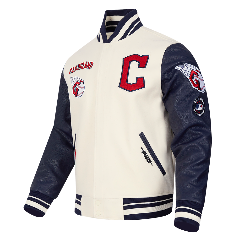 MLB CLEVELAND GUARDIANS RETRO CLASSIC MEN'S RIB WOOL VARSITY JACKET (EGGSHELL/ MIDNIGHT NAVY)