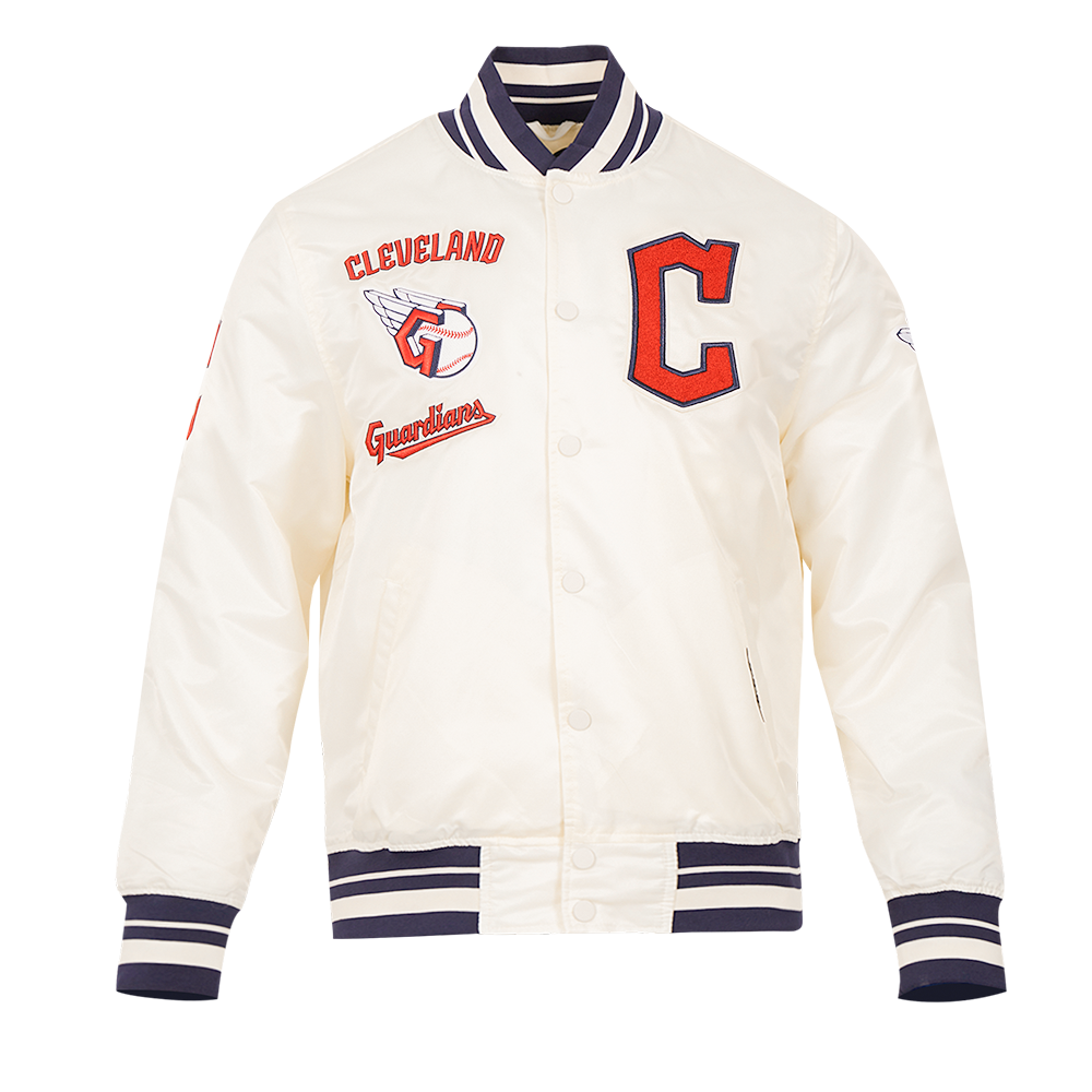 MLB CLEVELAND GUARDIANS RETRO CLASSIC MEN'S RIB SATIN JACKET (EGGSHELL/ MIDNIGHT NAVY)