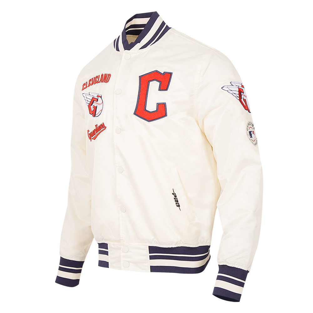 MLB CLEVELAND GUARDIANS RETRO CLASSIC MEN'S RIB SATIN JACKET (EGGSHELL/ MIDNIGHT NAVY)