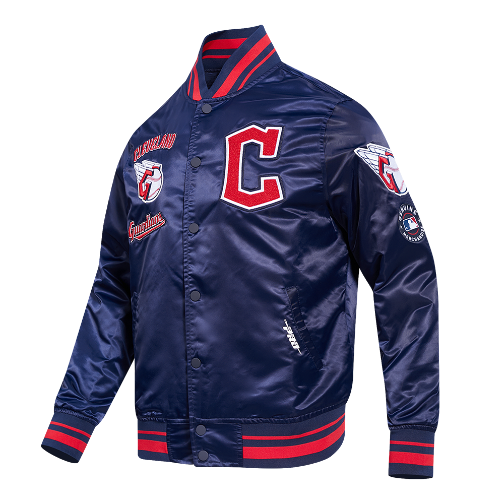 MLB CLEVELAND GUARDIANS RETRO CLASSIC MEN'S RIB SATIN JACKET (MIDNIGHT NAVY/RED/MIDNIGHT NAVY)