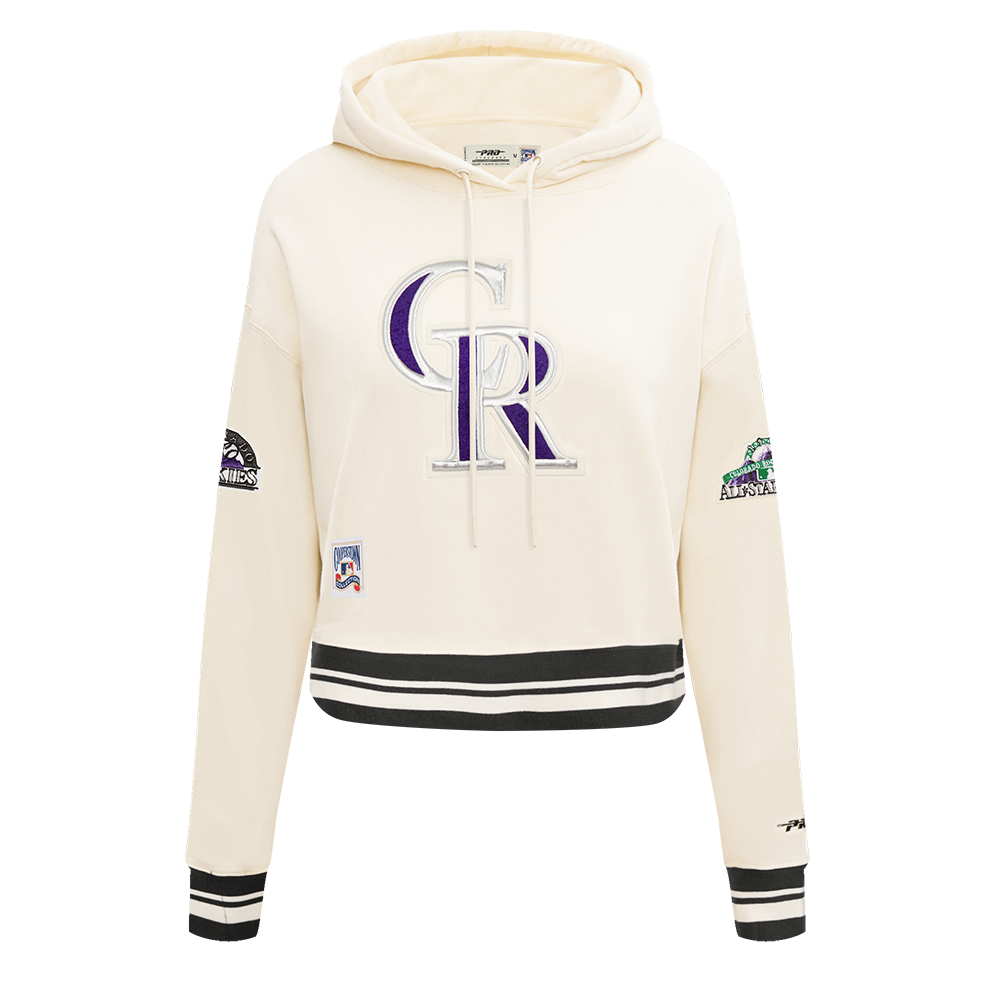 MLB COLORADO ROCKIES RETRO CLASSIC WOMEN'S RIB CROPPED PULLOVER HOODIE (EGGSHELL/ BLACK)