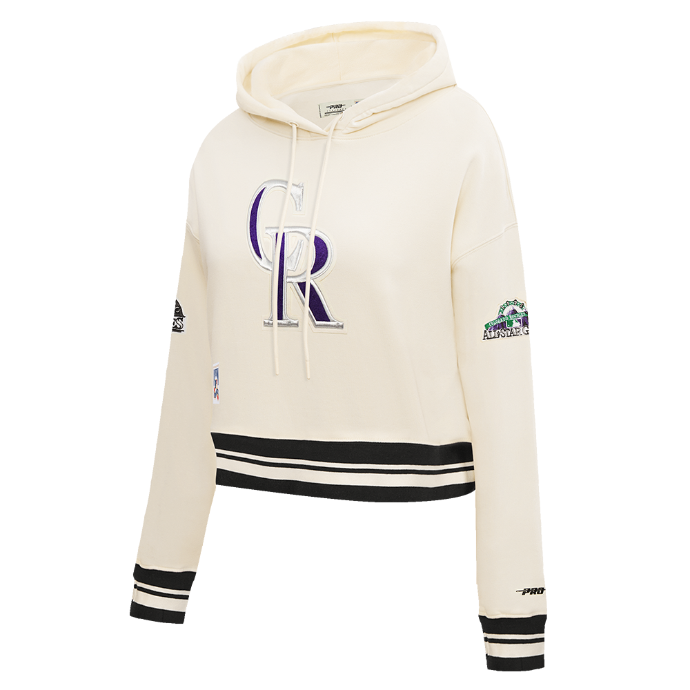 MLB COLORADO ROCKIES RETRO CLASSIC WOMEN'S RIB CROPPED PULLOVER HOODIE (EGGSHELL/ BLACK)