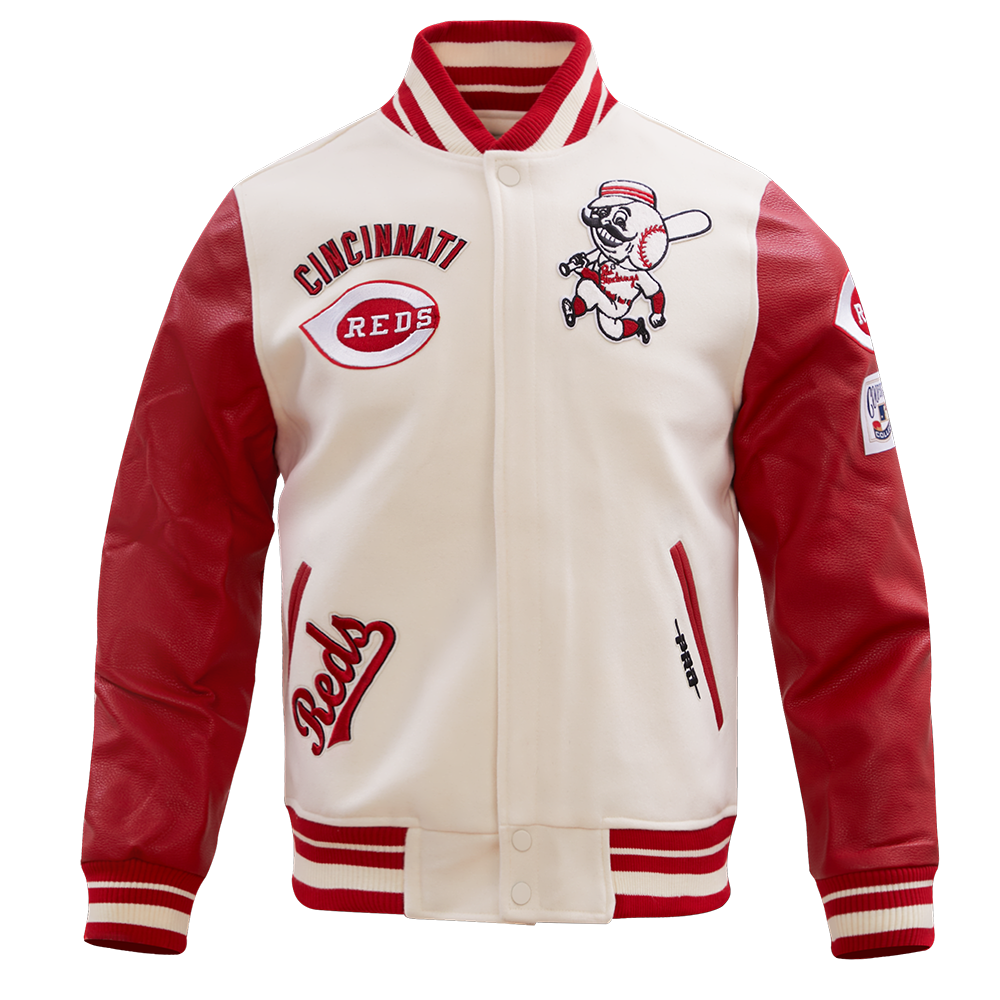 MLB CINCINNATI REDS RETRO CLASSIC MEN'S RIB WOOL VARSITY JACKET (EGGSHELL/ RED)