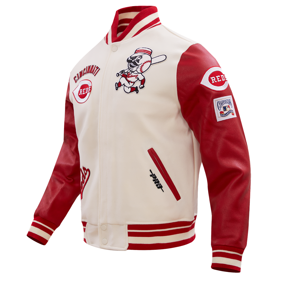 MLB CINCINNATI REDS RETRO CLASSIC BLOUSON COLLÉGIAL EN LAINE À BORDS CÔTELÉS POUR HOMME (COQUILLE D'ŒUF/ROUGE)