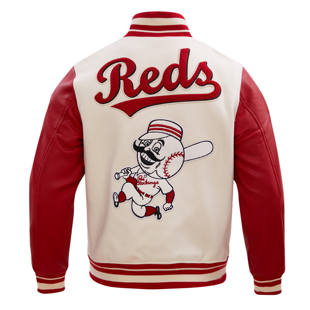 MLB CINCINNATI REDS RETRO CLASSIC MEN'S RIB WOOL VARSITY JACKET (EGGSHELL/ RED)