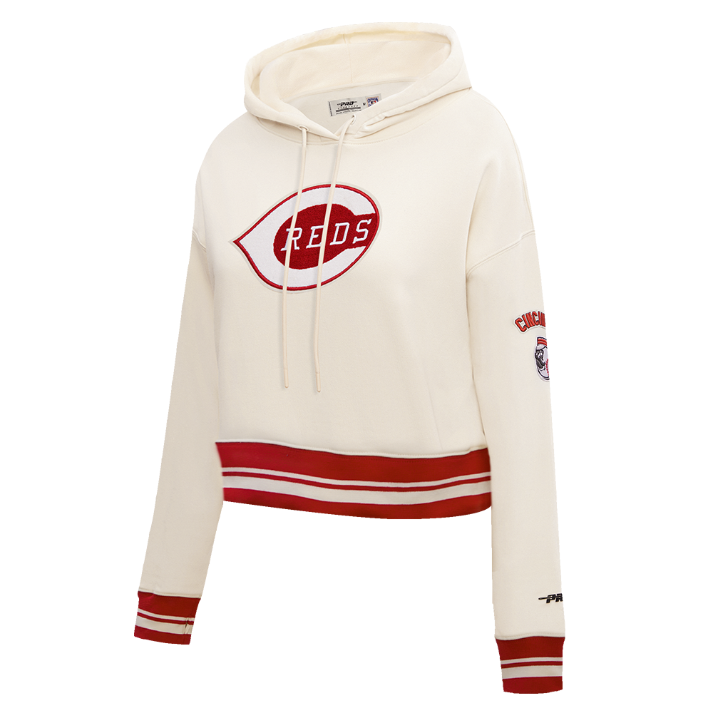 MLB CINCINNATI REDS RETRO CLASSIC WOMEN'S RIB CROPPED PULLOVER HOODIE (EGGSHELL/ RED)