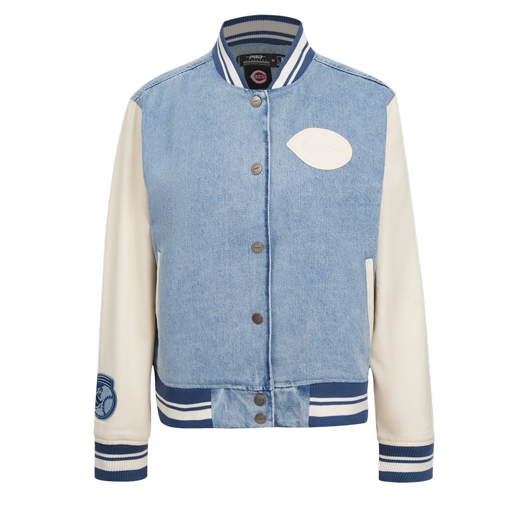 MLB CINCINNATI REDS VARSITY BLUES WOMEN'S DENIM VARSITY JACKET (DENIM/LINEN)