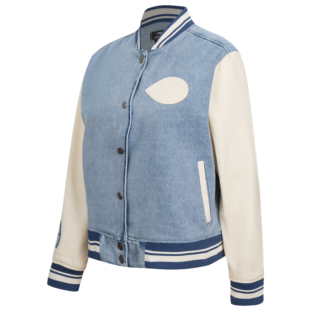 MLB CINCINNATI REDS VARSITY BLUES WOMEN'S DENIM VARSITY JACKET (DENIM/LINEN)