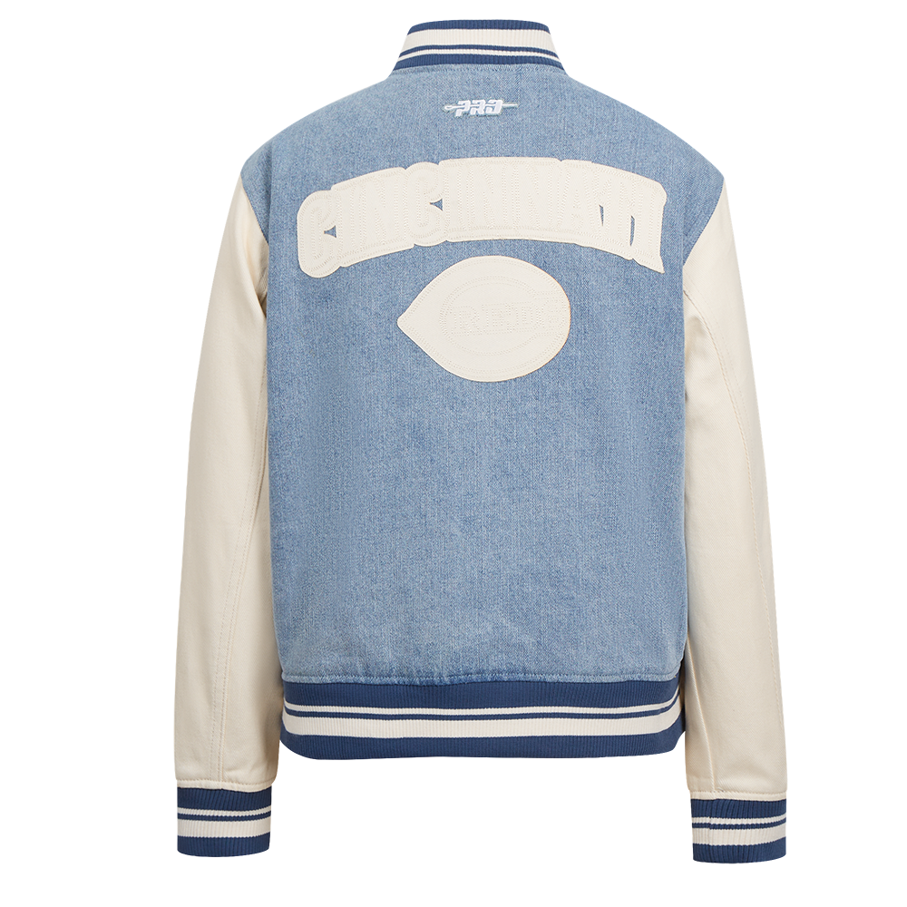 MLB CINCINNATI REDS VARSITY BLUES WOMEN'S DENIM VARSITY JACKET (DENIM/LINEN)