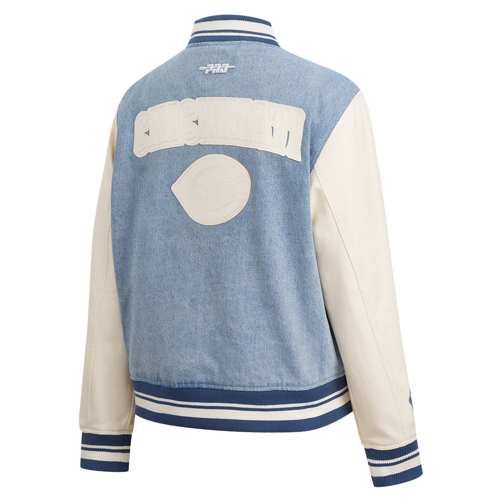 MLB CINCINNATI REDS VARSITY BLUES WOMEN'S DENIM VARSITY JACKET (DENIM/LINEN)