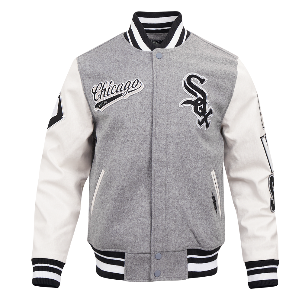 MLB CHICAGO WHITE SOX SCRIPT TAIL MEN'S VARSITY JACKET (HEATHER GREY/WHITE/BLACK)