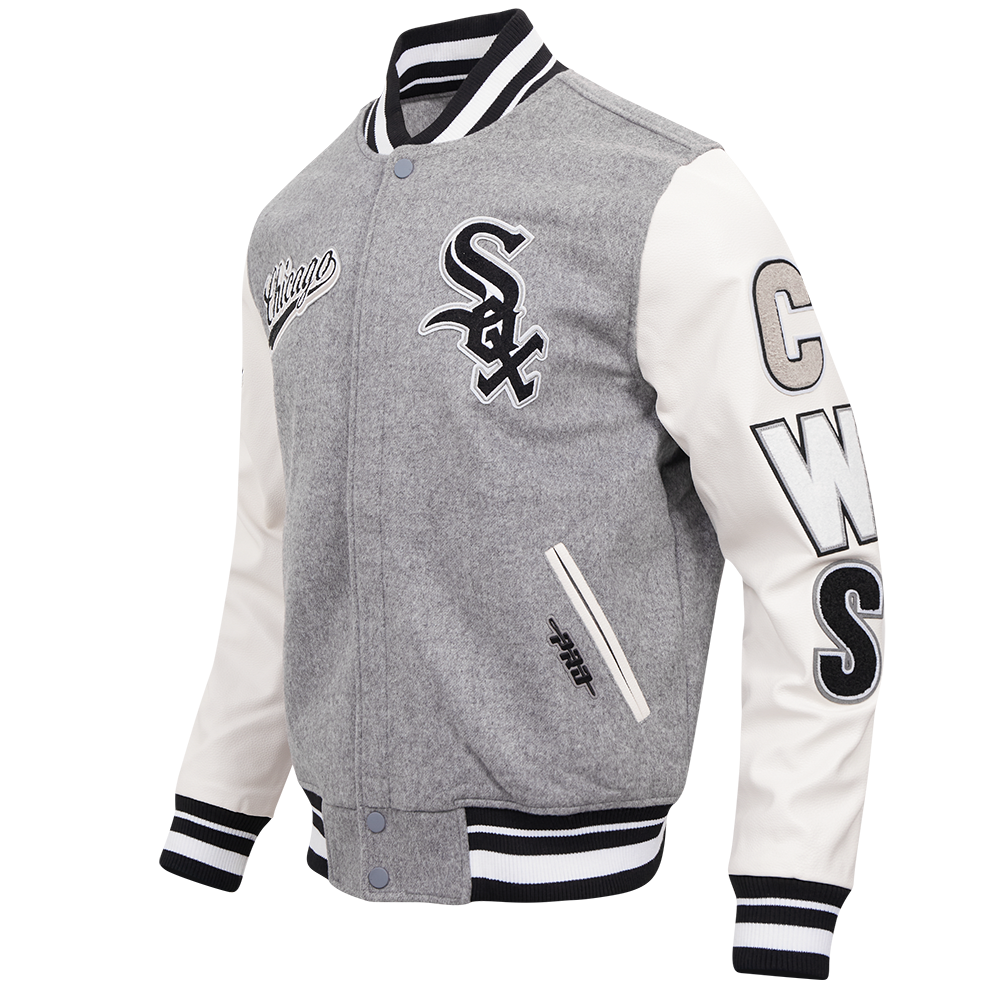 MLB CHICAGO WHITE SOX SCRIPT TAIL MEN'S VARSITY JACKET (HEATHER GREY/WHITE/BLACK)