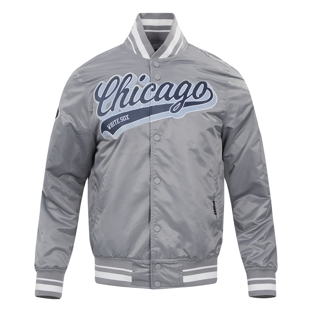 MLB CHICAGO WHITE SOX SCRIPT TAIL MEN'S SATIN JACKET (GRAY)