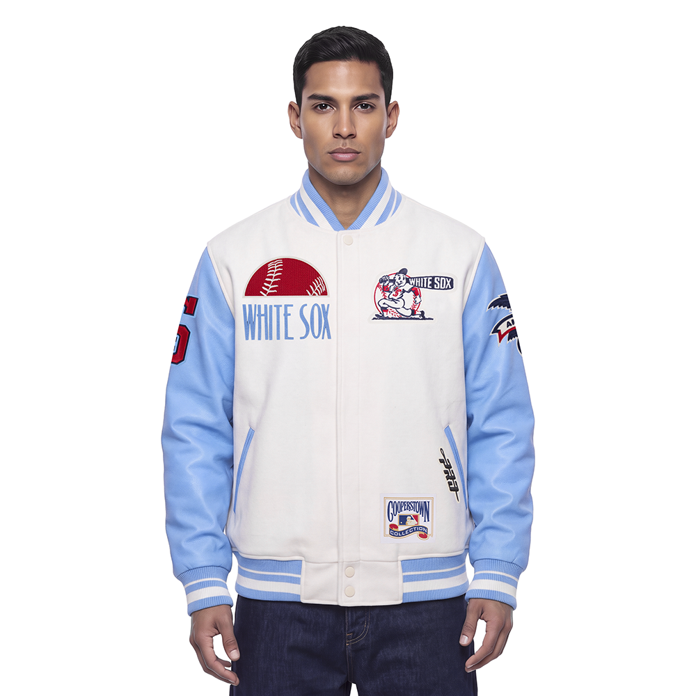 MLB CHICAGO WHITE SOX ORIGINAL PLAYERS BLOUSON COLLÉGIAL POUR HOMME (COQUILLE D'ŒUF/BLEU UNIVERSITÉ)