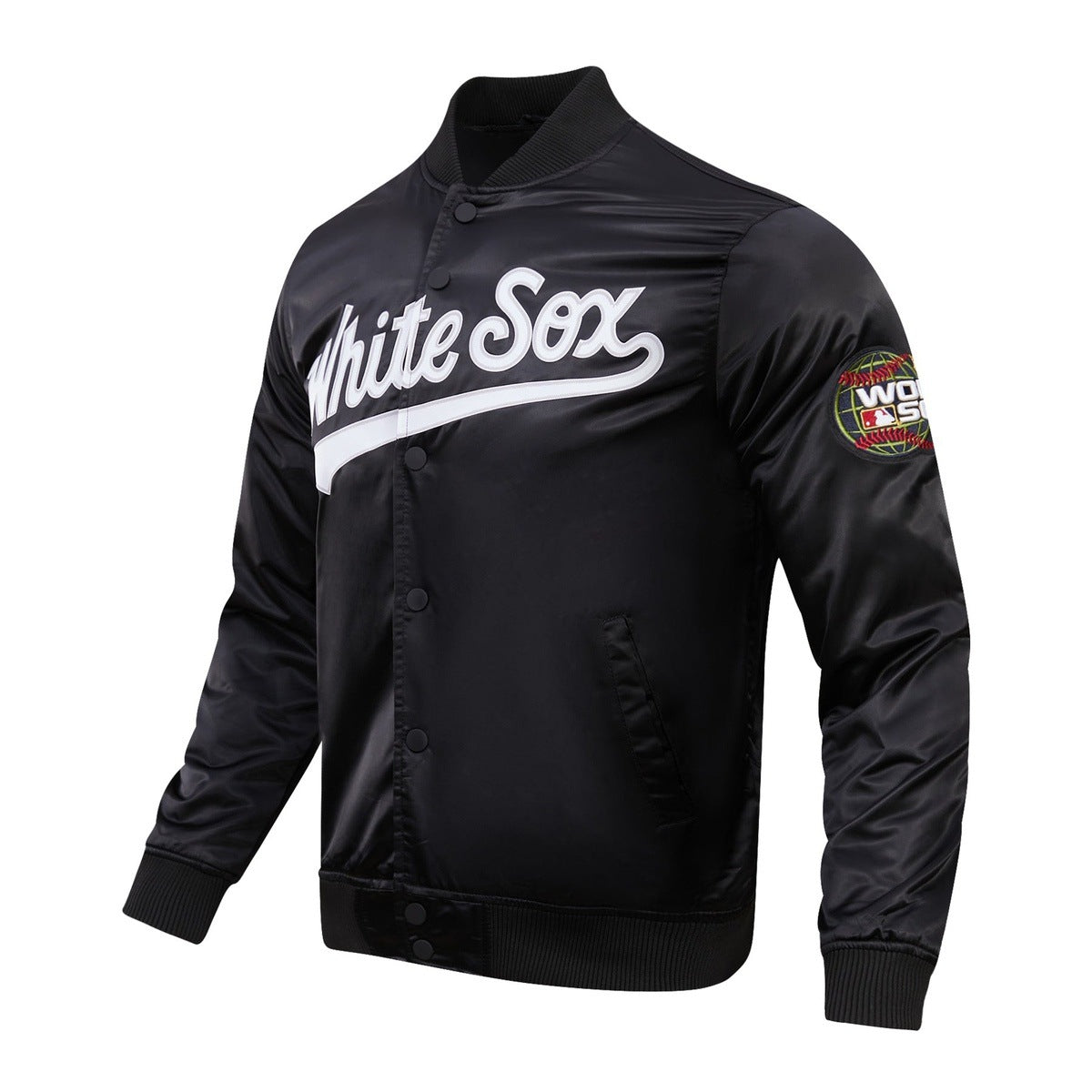 MLB CHICAGO WHITE SOX BIG LOGO WORLD SERIES MEN'S SATIN JACKET (BLACK)
