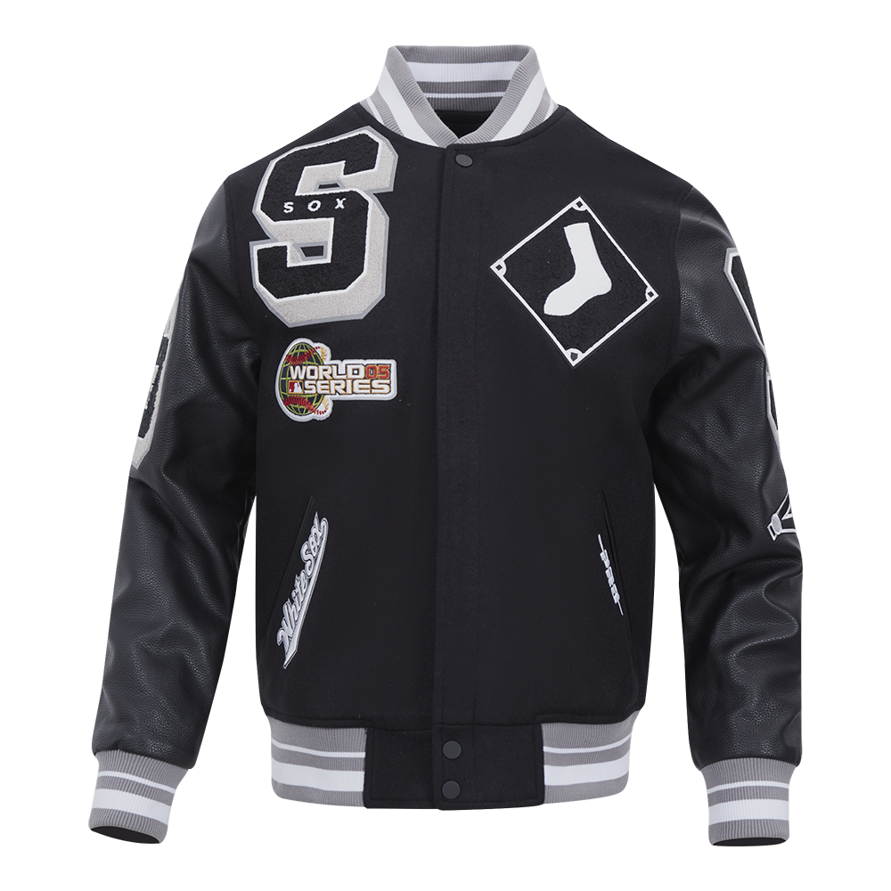 MLB CHICAGO WHITE SOX MASH UP BLOUSON COLLÉGIAL EN LAINE À BORDS CÔTELÉS POUR HOMME (NOIR/GRIS)