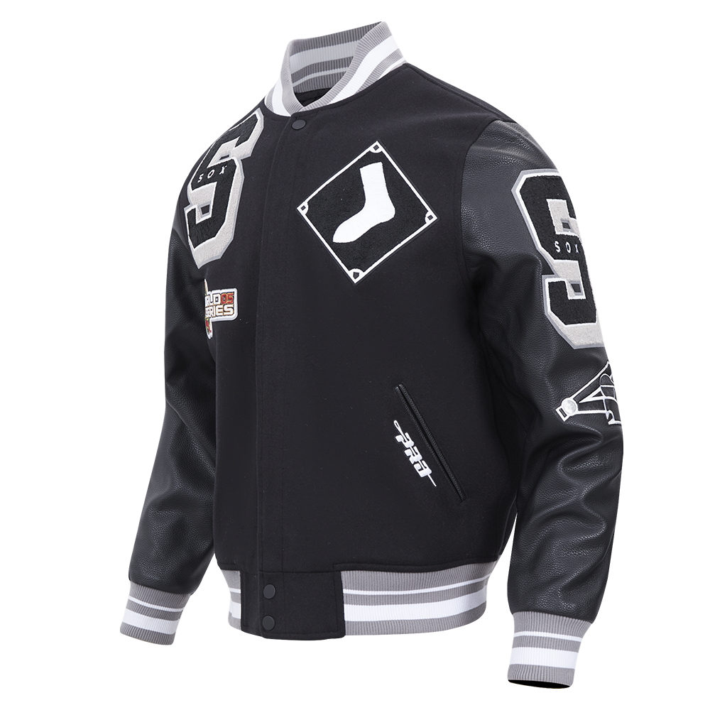 MLB CHICAGO WHITE SOX MASH UP BLOUSON COLLÉGIAL EN LAINE À BORDS CÔTELÉS POUR HOMME (NOIR/GRIS)