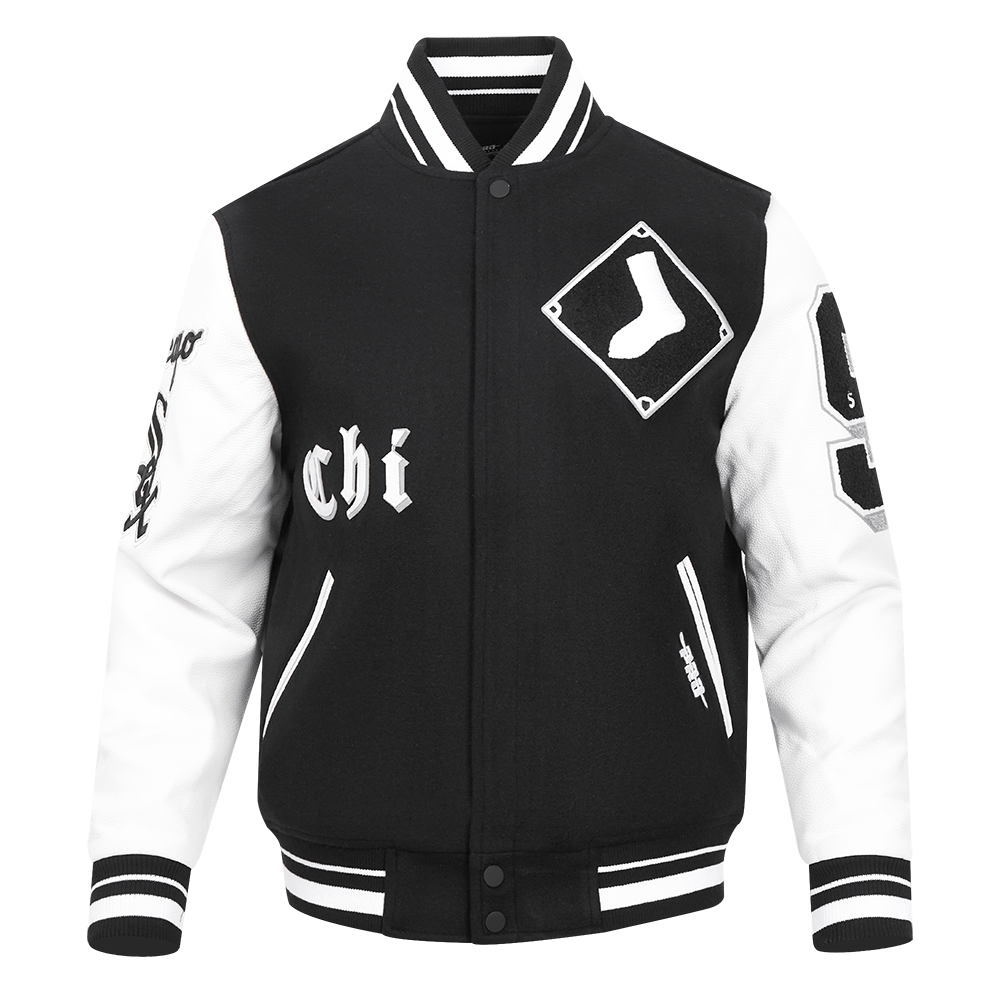 MLB CHICAGO WHITE SOX OLD ENGLISH BLOUSON COLLÉGIAL EN LAINE POUR HOMME (NOIR/BLANC)