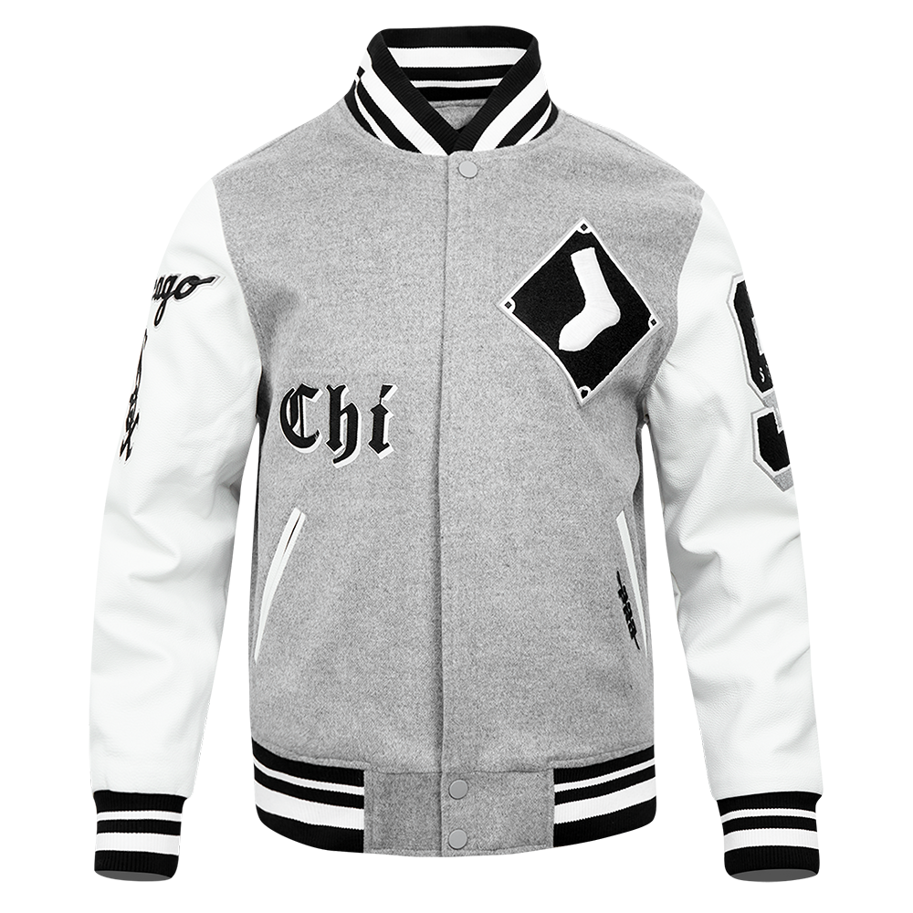 MLB CHICAGO WHITE SOX OLD ENGLISH BLOUSON COLLÉGIAL EN LAINE À BORDS CÔTELÉS POUR HOMME (GRIS CHINÉ/BLANC/NOIR)