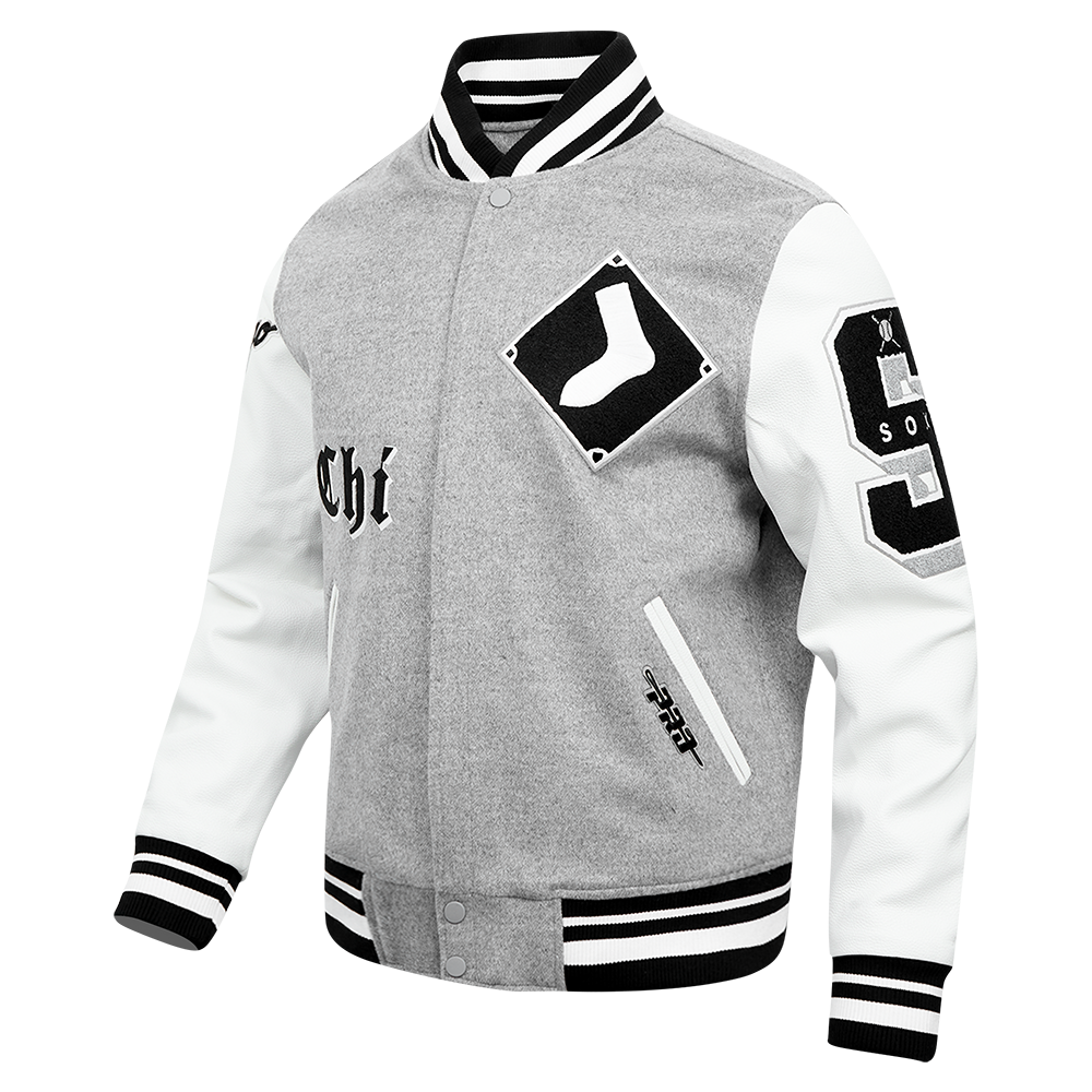 MLB CHICAGO WHITE SOX OLD ENGLISH MEN'S RIB WOOL VARSITY JACKET (HEATHER GREY/WHITE/BLACK)