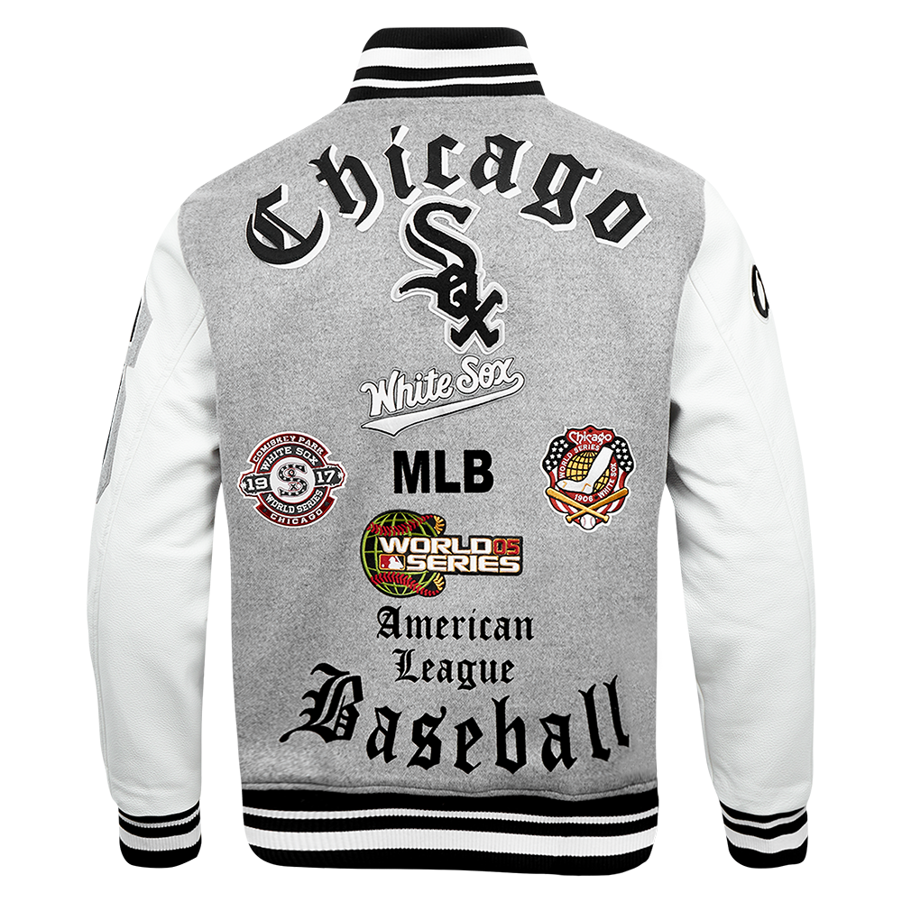 MLB CHICAGO WHITE SOX OLD ENGLISH MEN'S RIB WOOL VARSITY JACKET (HEATHER GREY/WHITE/BLACK)