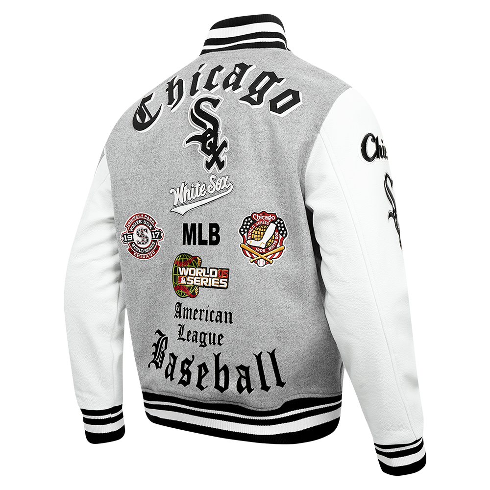 MLB CHICAGO WHITE SOX OLD ENGLISH MEN'S RIB WOOL VARSITY JACKET (HEATHER GREY/WHITE/BLACK)