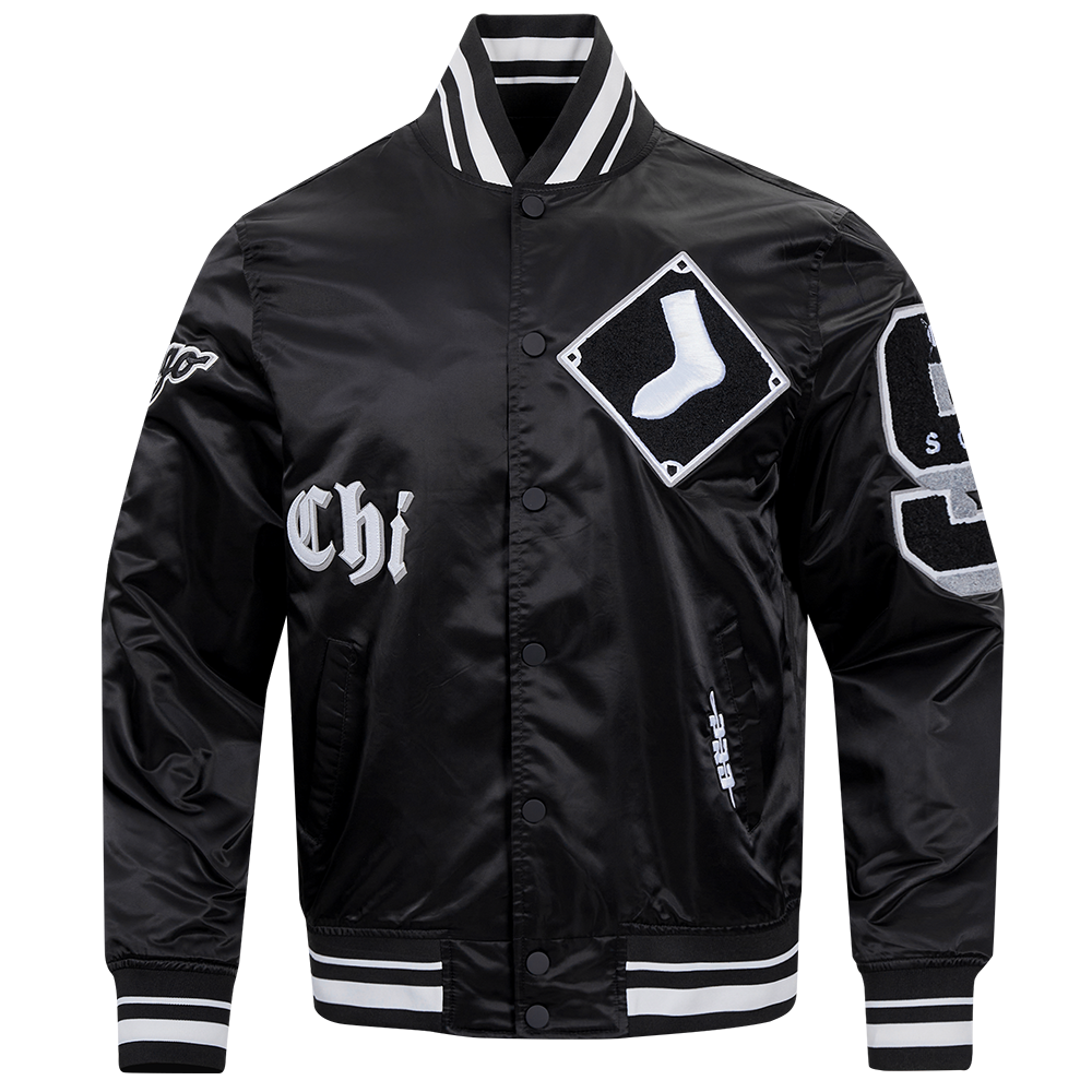 MLB CHICAGO WHITE SOX OLD ENGLISH BLOUSON EN SATIN À BORDS CÔTELÉS POUR HOMME (NOIR)