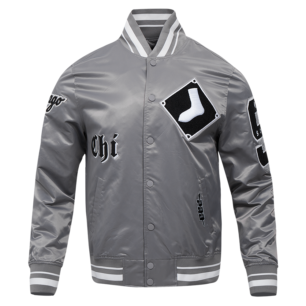 MLB CHICAGO WHITE SOX OLD ENGLISH BLOUSON EN SATIN À BORDS CÔTELÉS POUR HOMME (GRIS)