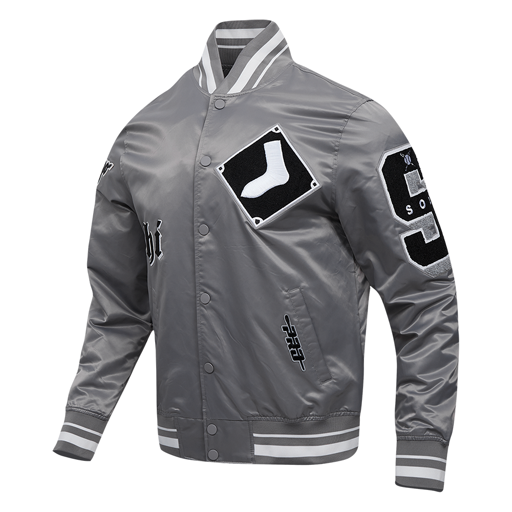 MLB CHICAGO WHITE SOX OLD ENGLISH BLOUSON EN SATIN À BORDS CÔTELÉS POUR HOMME (GRIS)