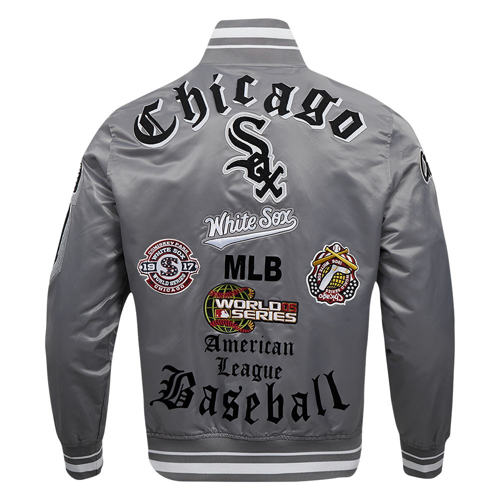 MLB CHICAGO WHITE SOX OLD ENGLISH MEN'S RIB SATIN JACKET (GRAY)