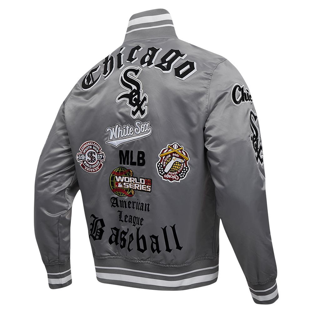 MLB CHICAGO WHITE SOX OLD ENGLISH MEN'S RIB SATIN JACKET (GRAY)