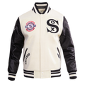 MLB CHICAGO WHITE SOX RETRO CLASSIC BLOUSON COLLÉGIAL EN LAINE À BORDS CÔTELÉS POUR HOMME (COQUILLE D'ŒUF/NOIR)