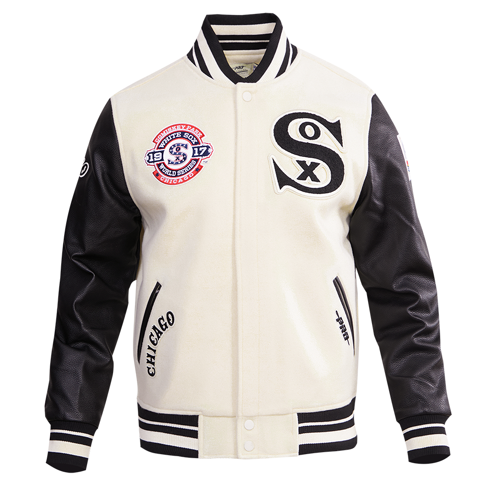 MLB CHICAGO WHITE SOX RETRO CLASSIC BLOUSON COLLÉGIAL EN LAINE À BORDS CÔTELÉS POUR HOMME (COQUILLE D'ŒUF/NOIR)